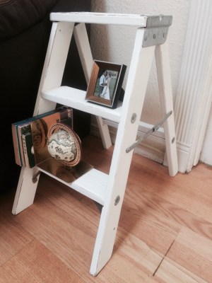 I found this stepping stool under some leaves in my yard, cleaned it, painted it, and now it lives next to my couch as a side table.